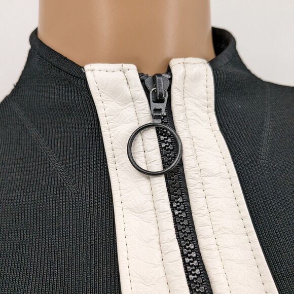 Vintage 90s y2k Black Ribbed Top Zip Front Faux Leather Mod Knit Petite Medium - Picture 5 of 10